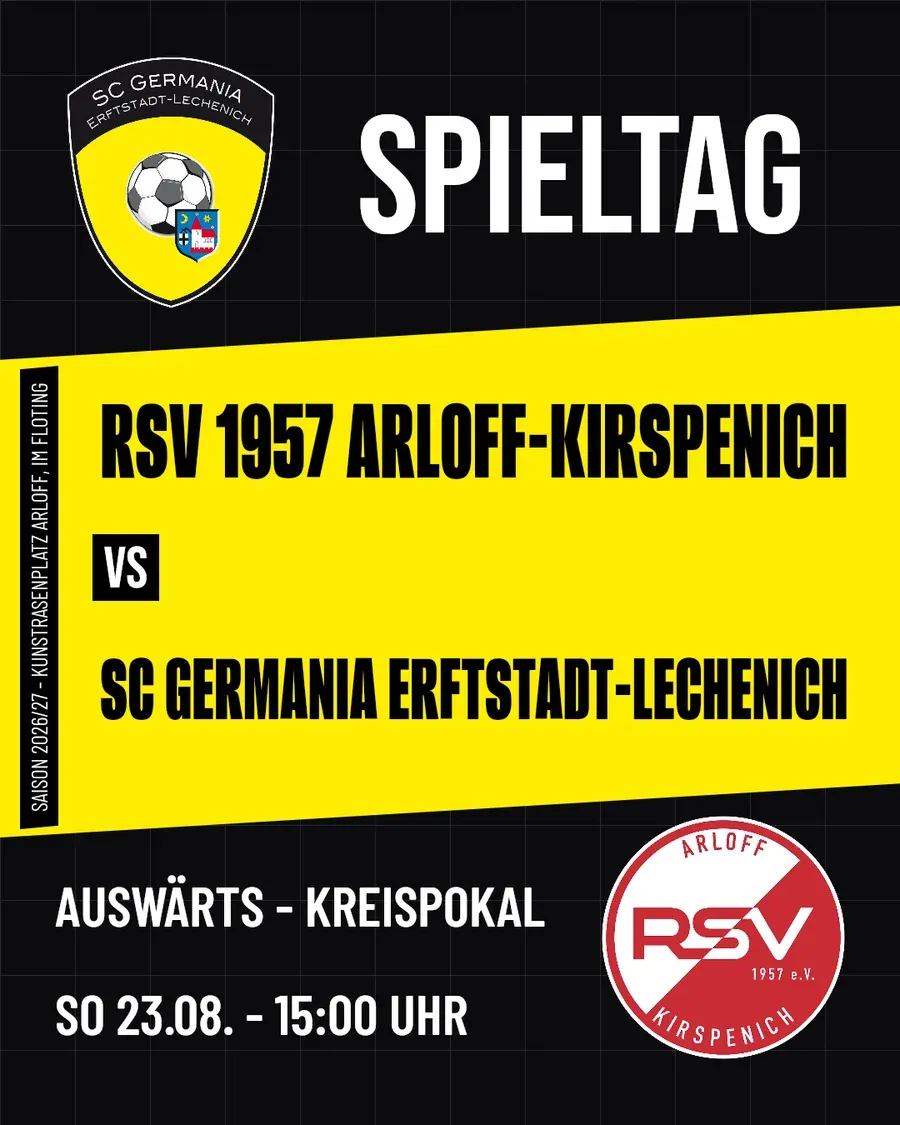 Spieltagsankündigung des SC Germania Erftstadt-Lechenich mit Gegner, Anstoßzeit und Wettbewerb.