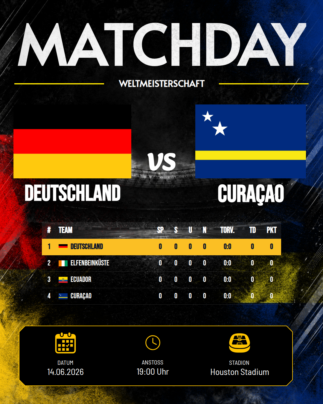WM-Matchday-Grafik: Deutschland gegen Curaçao mit Flaggen, Anstoßzeit und Gruppentabelle.